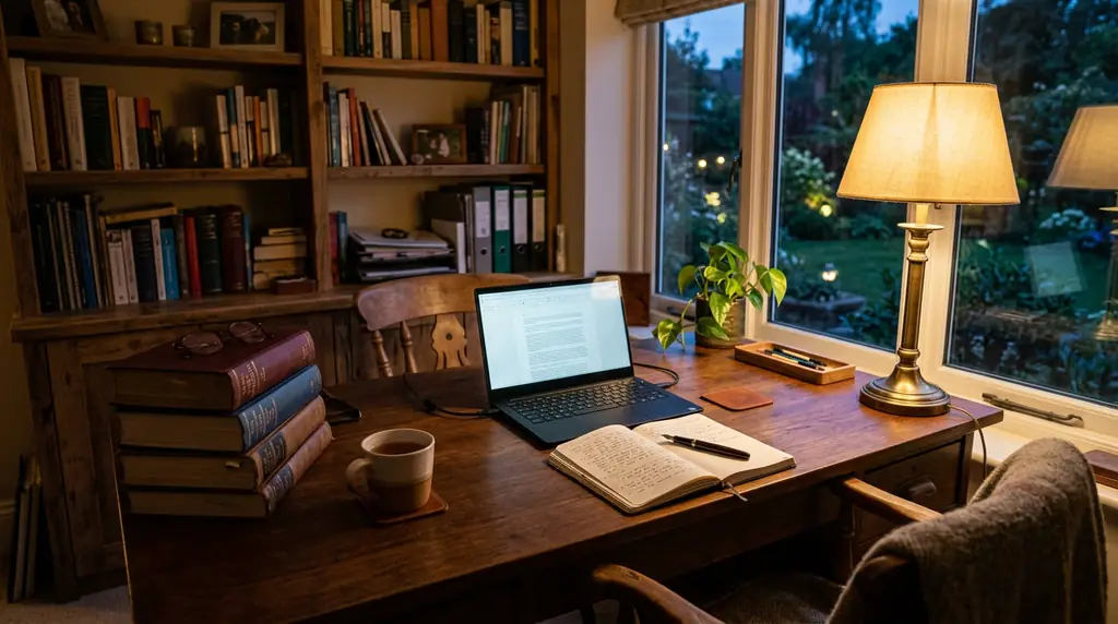 Organized accounting workspace with laptop, calculator and notes