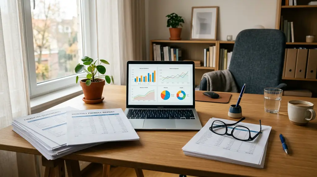 Organized accounting workspace with laptop, calculator and notes