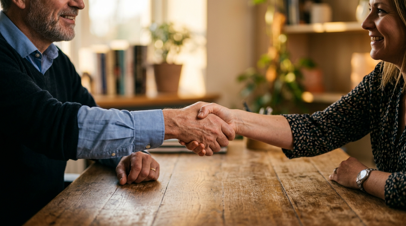 Advisor and client shaking hands across a desk